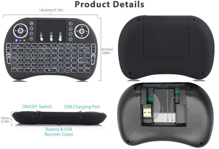 RGB Mini Wireless Keyboard 2.4GHz Air Touchpad Mouse, Compatible With Android TV Box, Smart TV, PC Black